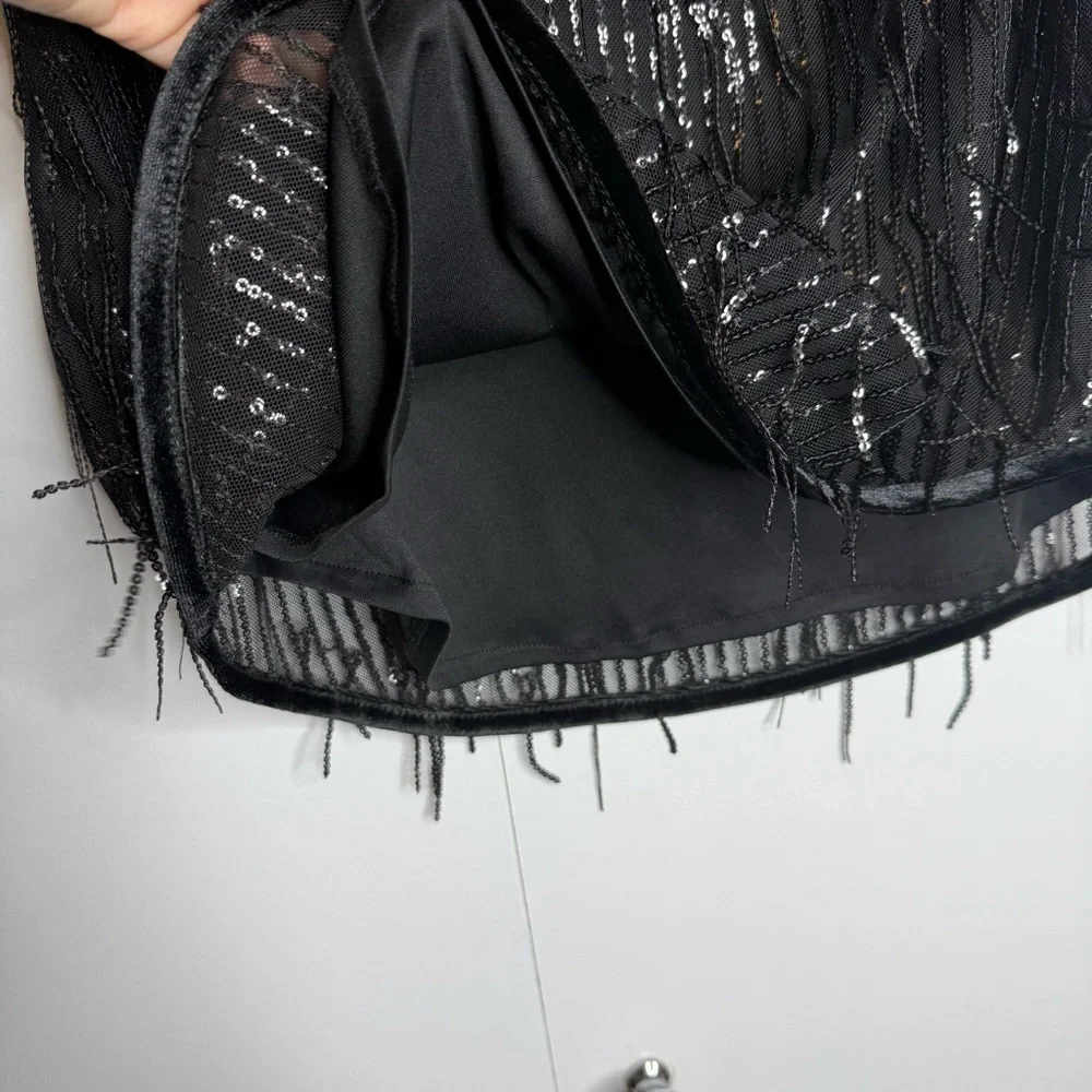 Avec Les Filles Black sequined Fringe mini Skirt NWT XS
